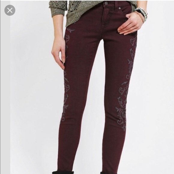 BDG Denim - BDG mid rise twig maroon tattoo embroidery jeans